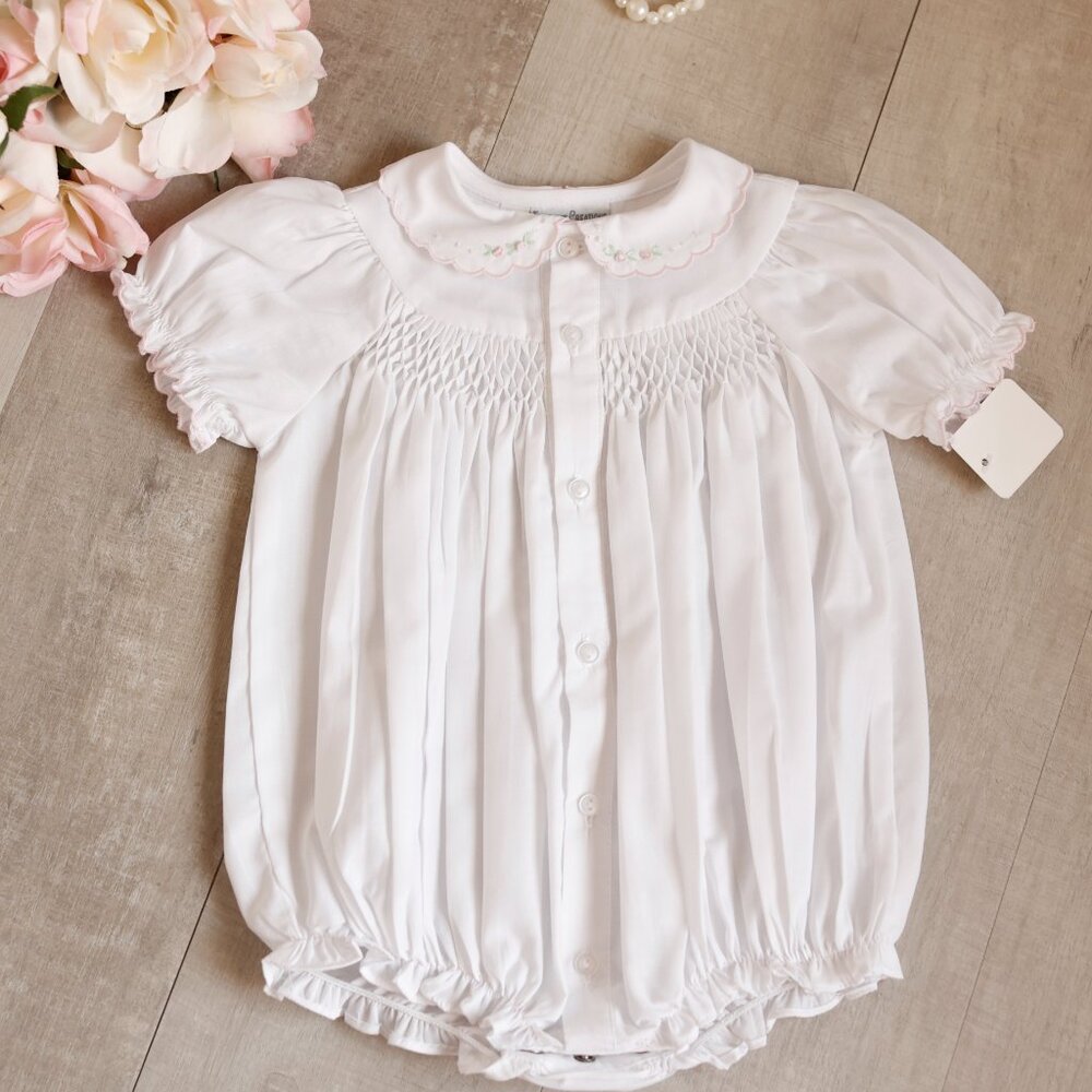 White & Pink Smocked Scalloped Bubble Romper Feltman Brother/Friedknit RARE FIND